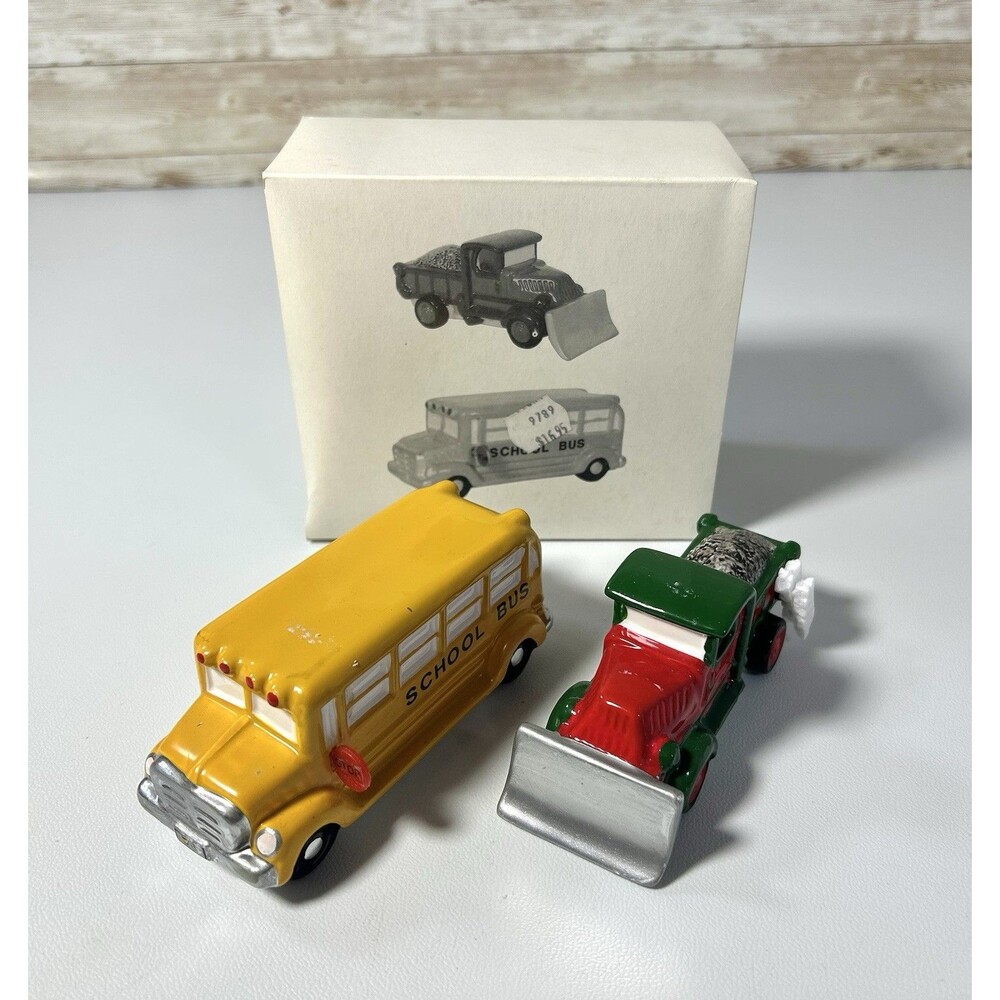 Dept 56 1988 Vintage Original Snow Village School Bus & Snow Plow Set Of 2 51373